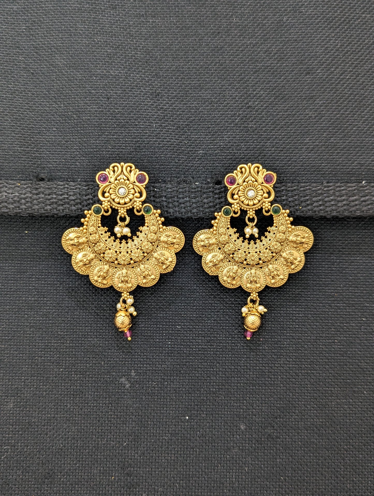 Goddess Lakshmi Yellow matte Gold plated Chandbali Earrings