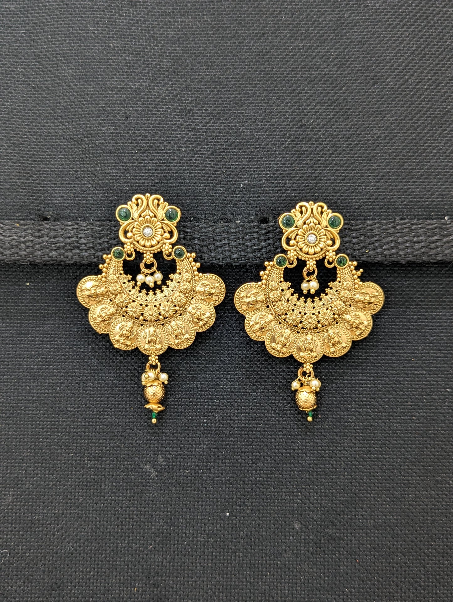 Goddess Lakshmi Yellow matte Gold plated Chandbali Earrings