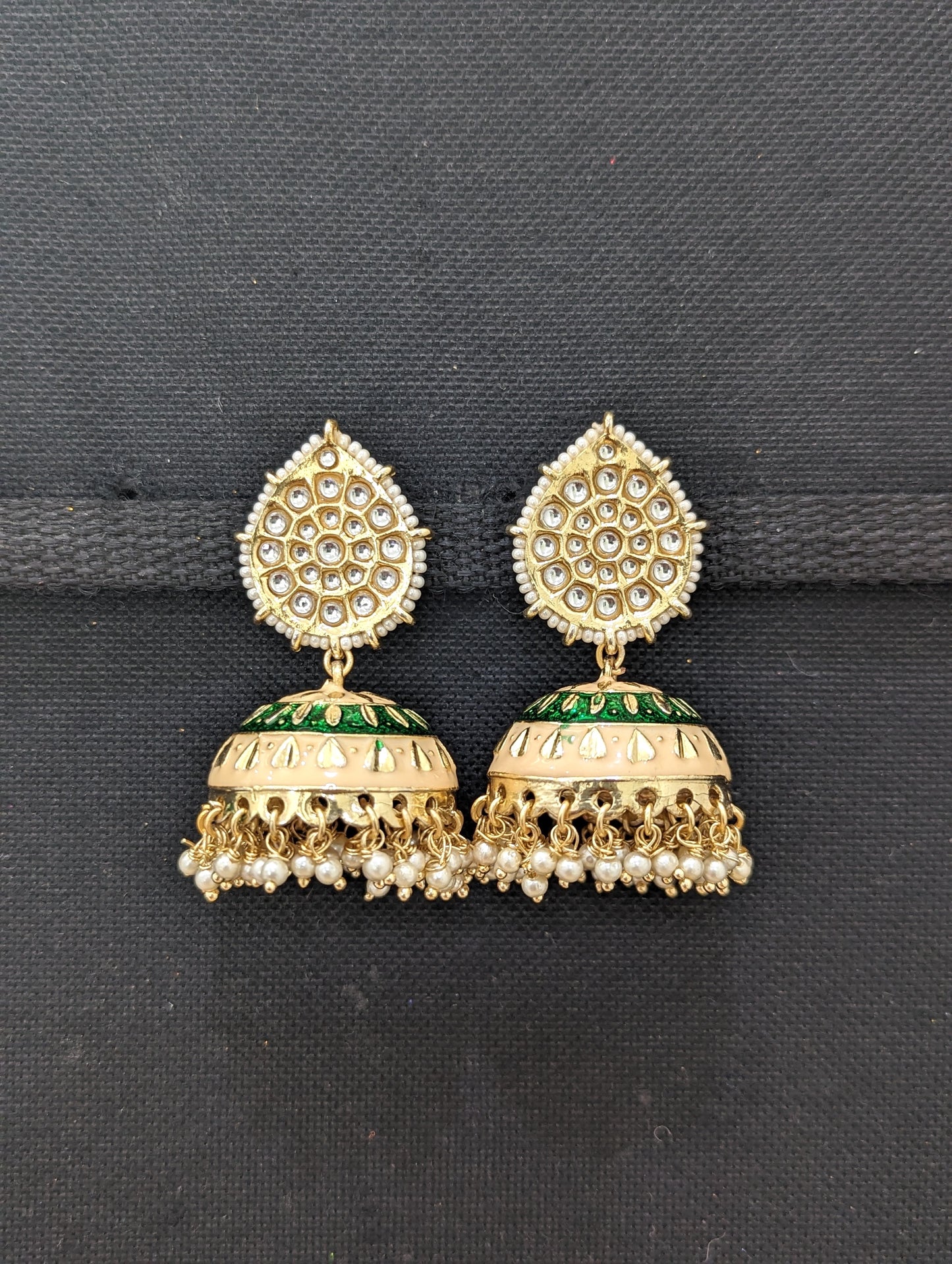 Peach Green Meenakari jhumka earrings