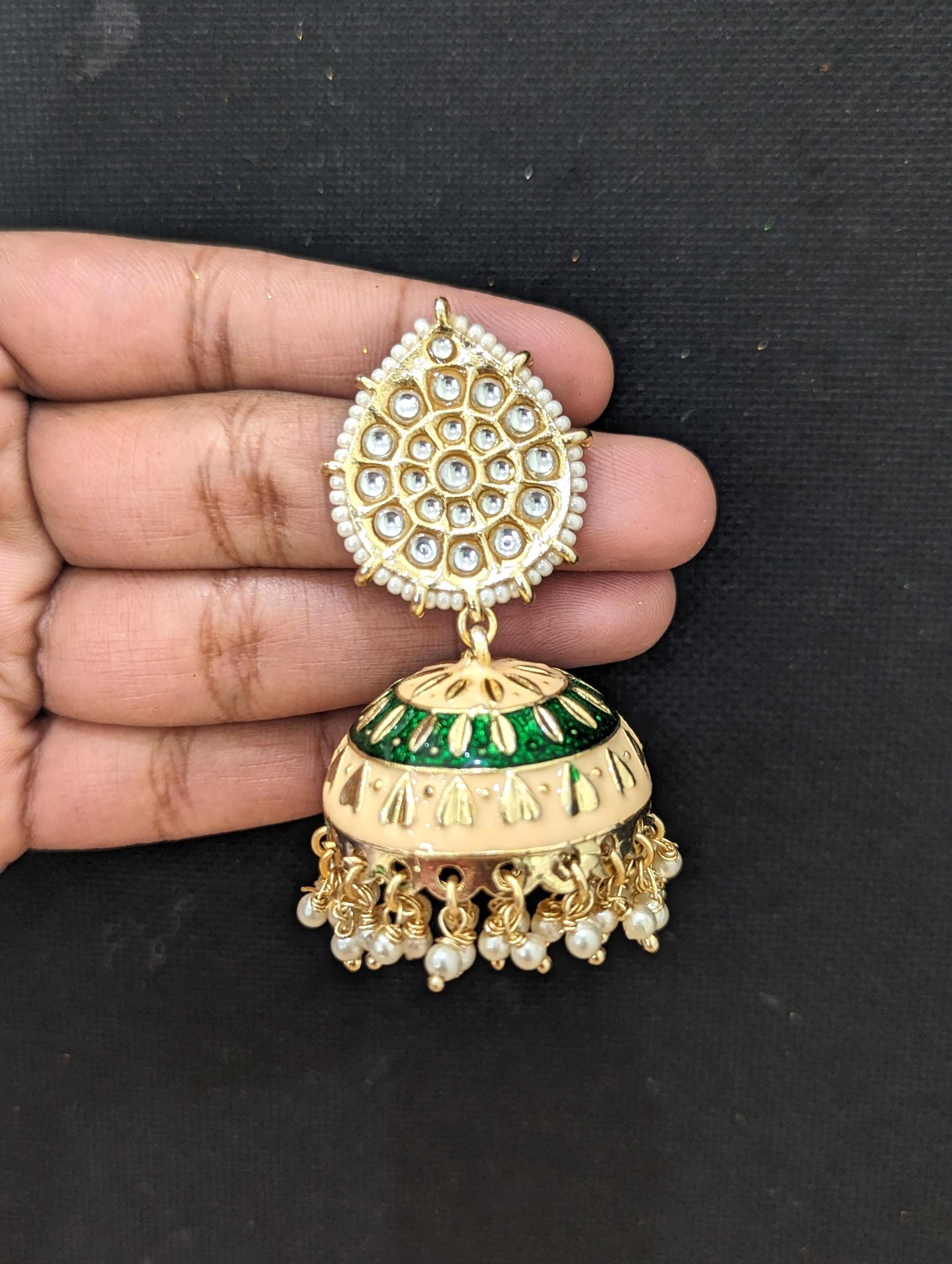 Peach Green Meenakari jhumka earrings