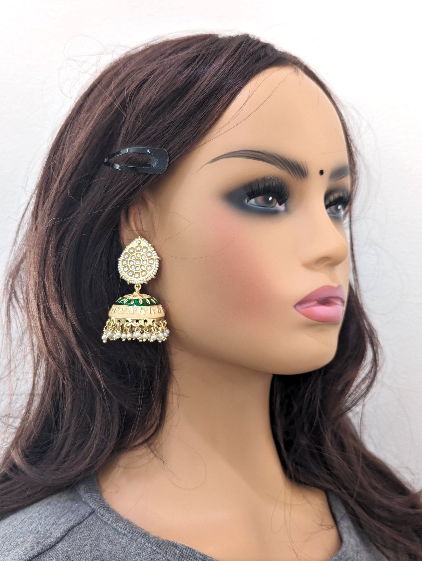 Peach Green Meenakari jhumka earrings