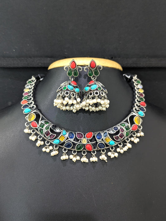 Multi color Kemp Oxidized silver necklace and earrings set