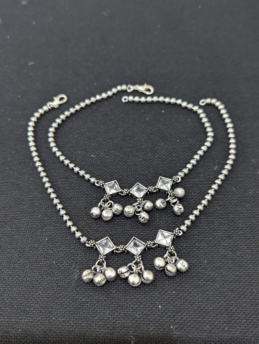 Ghunghru bead Polki Oxidized Silver Anklets