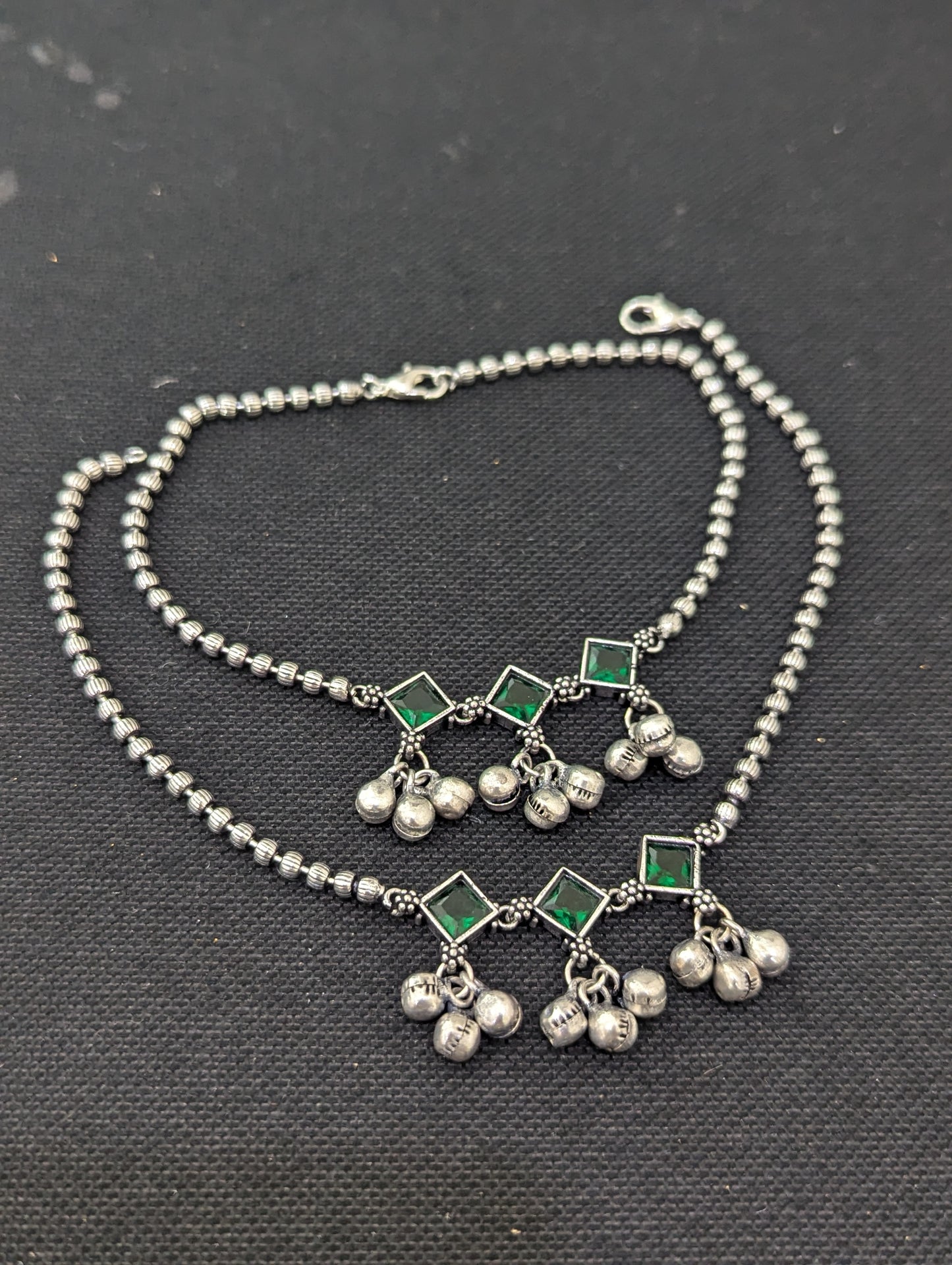 Ghunghru bead Polki Oxidized Silver Anklets