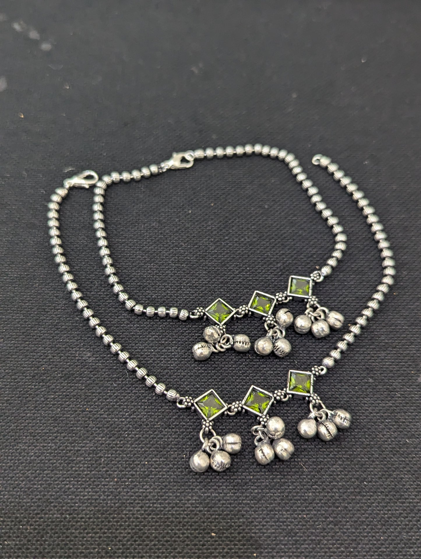 Ghunghru bead Polki Oxidized Silver Anklets