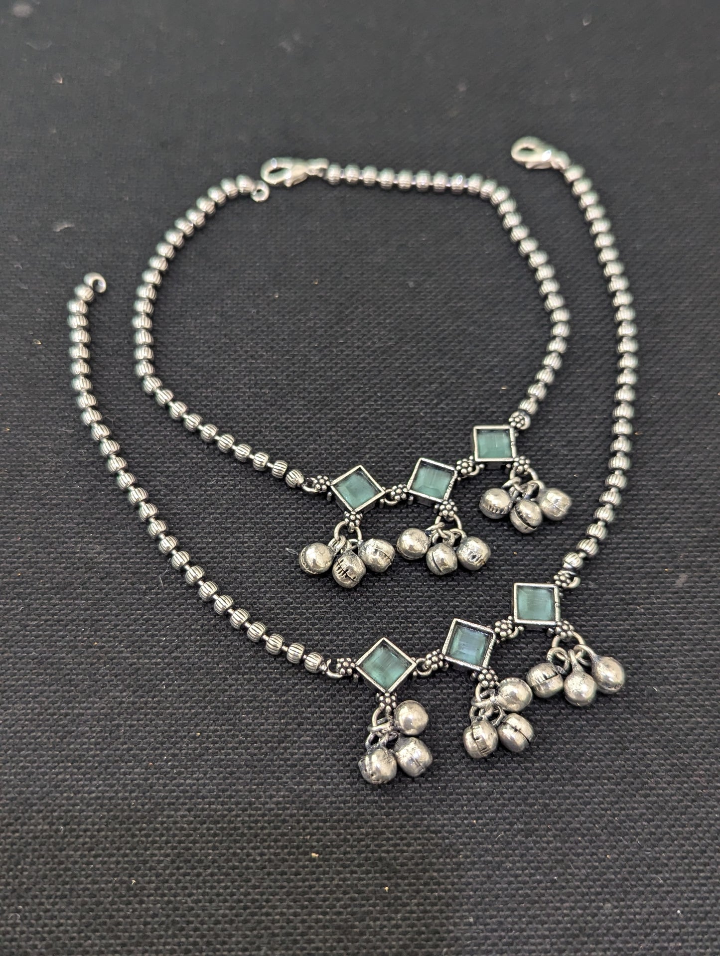 Ghunghru bead Polki Oxidized Silver Anklets