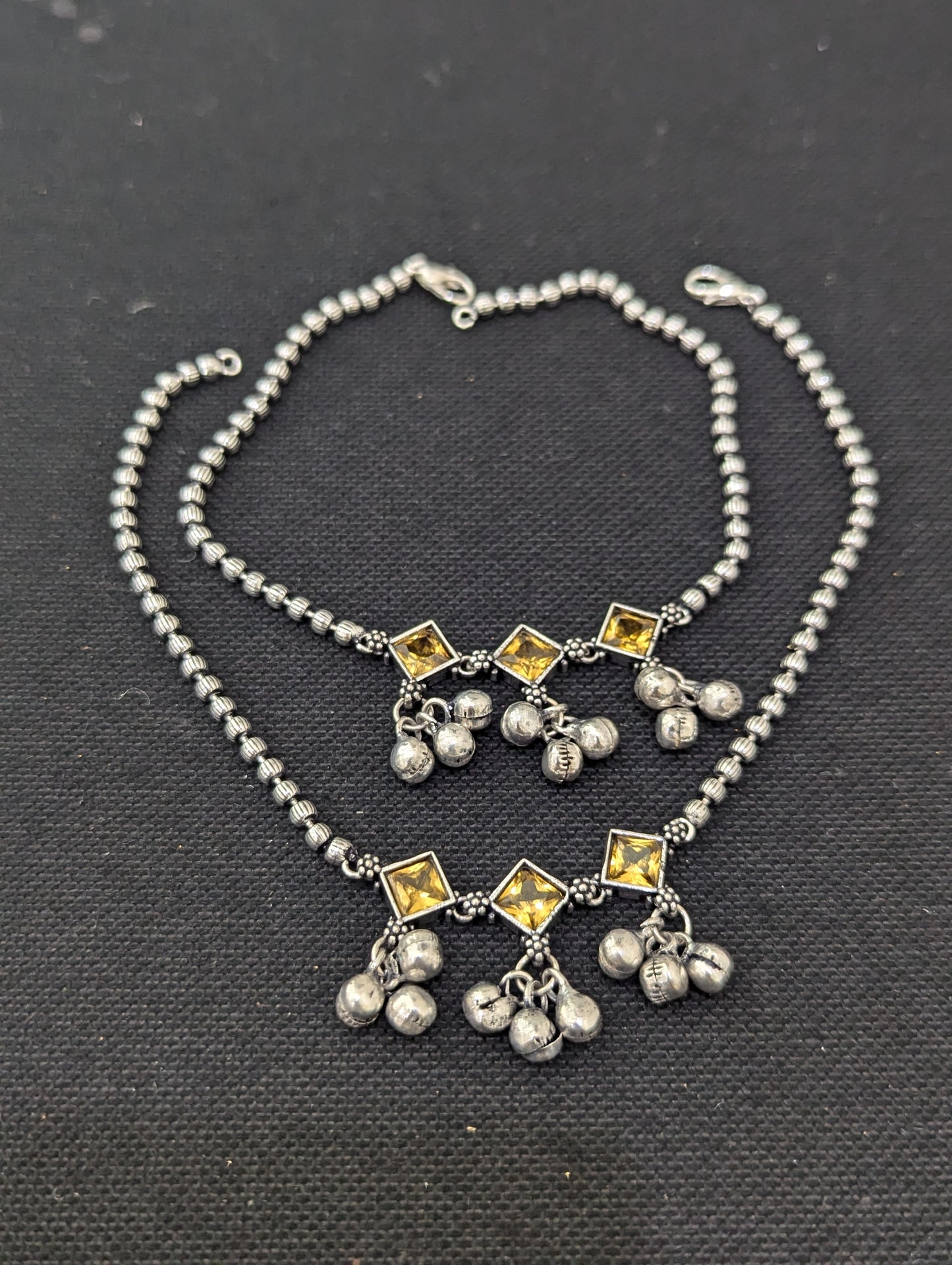 Ghunghru bead Polki Oxidized Silver Anklets