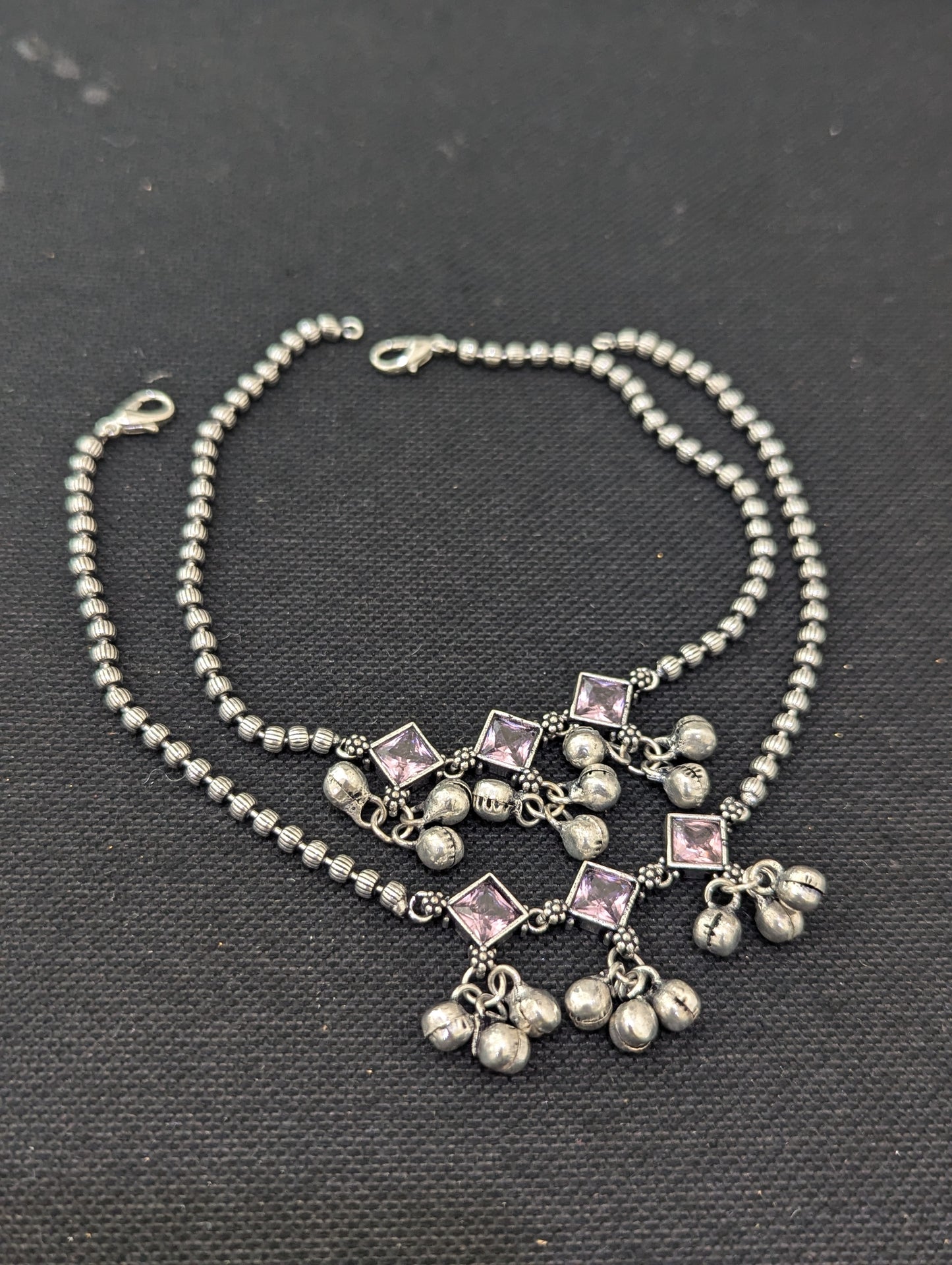 Ghunghru bead Polki Oxidized Silver Anklets