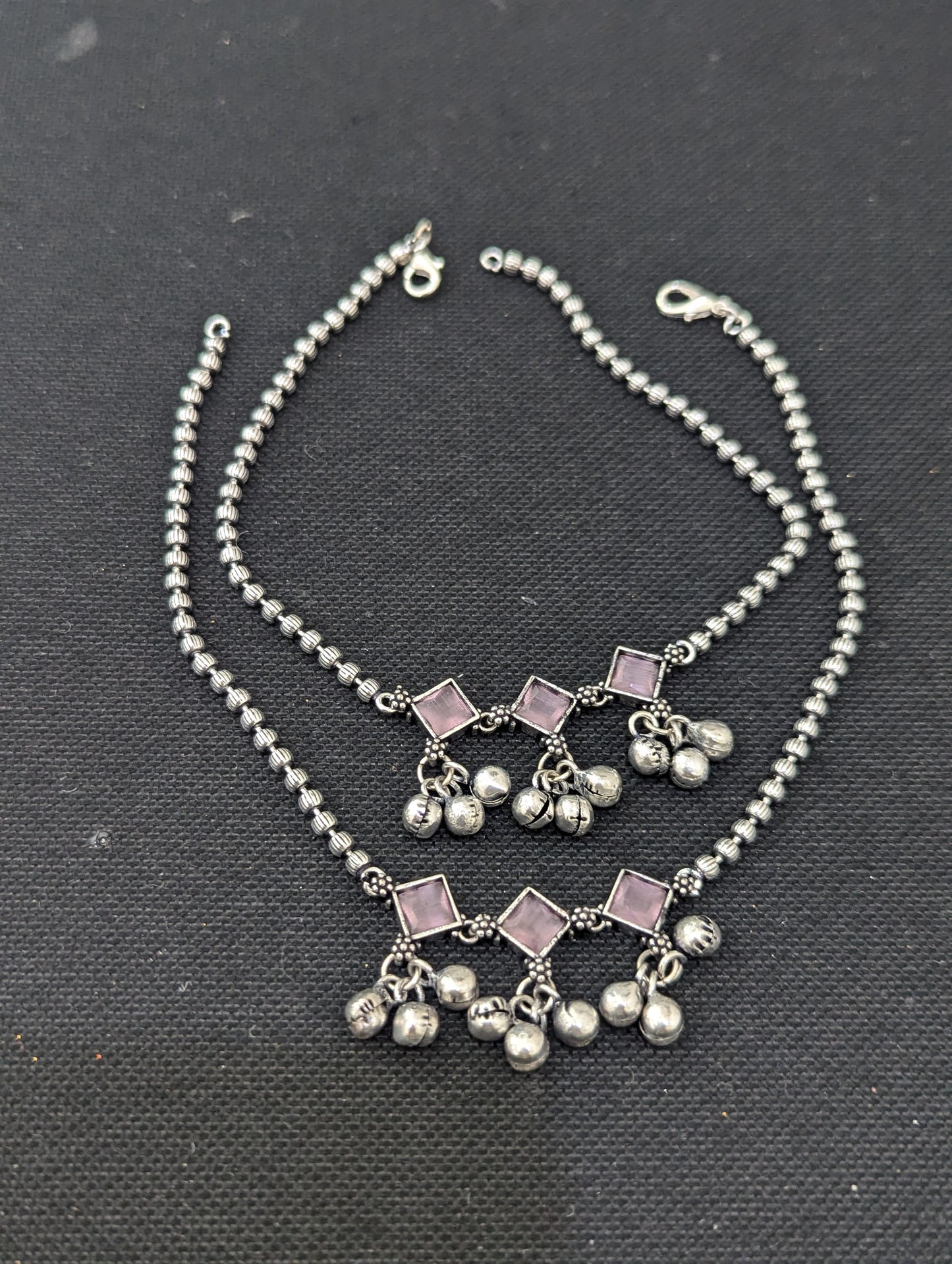 Ghunghru bead Polki Oxidized Silver Anklets