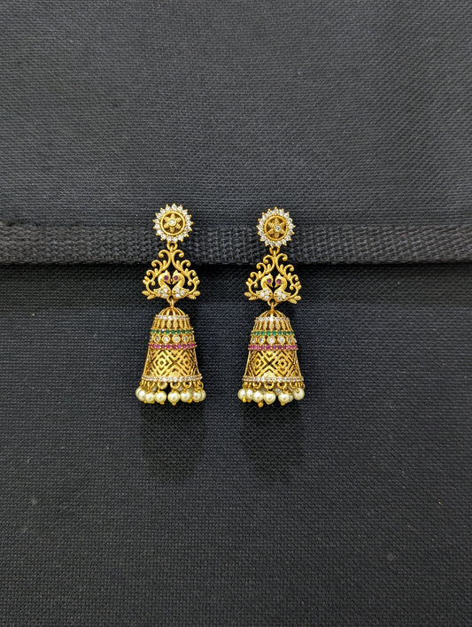 Antique Gold plated Peaock Long Jhumka Earrings