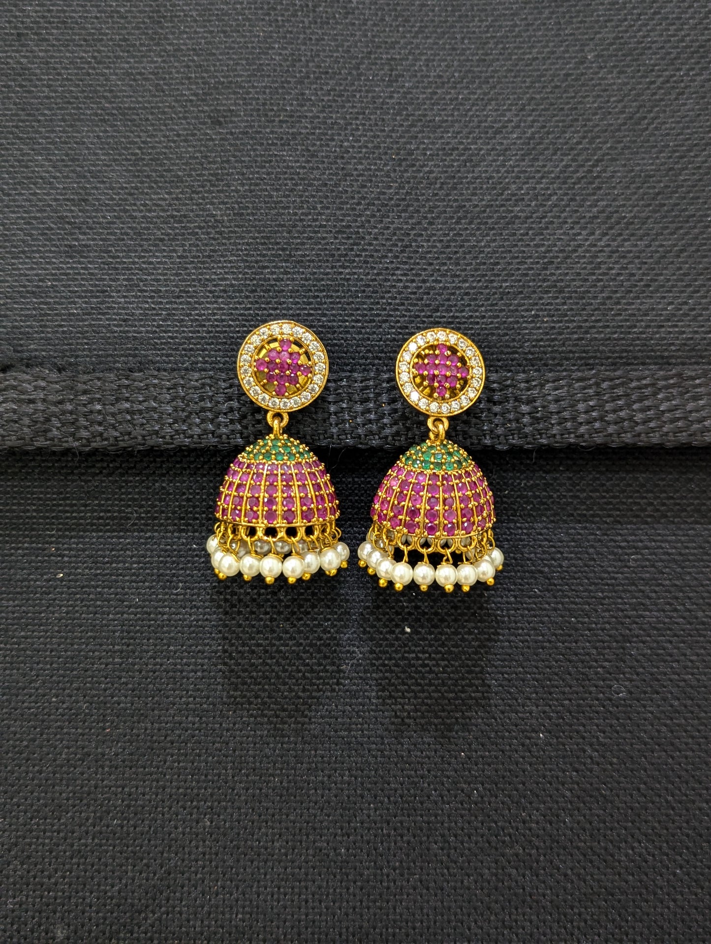 Antique Gold plated Flower CZ Jhumka Earrings