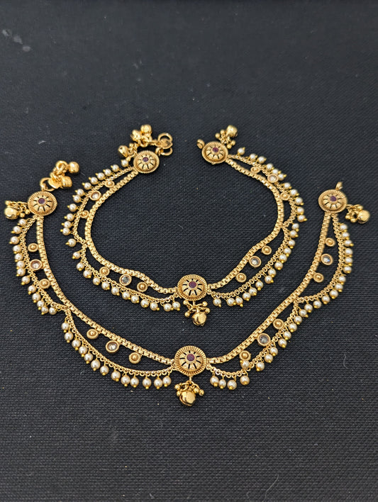 Gold plated pearl bead dangle Bridal Anklets - D1