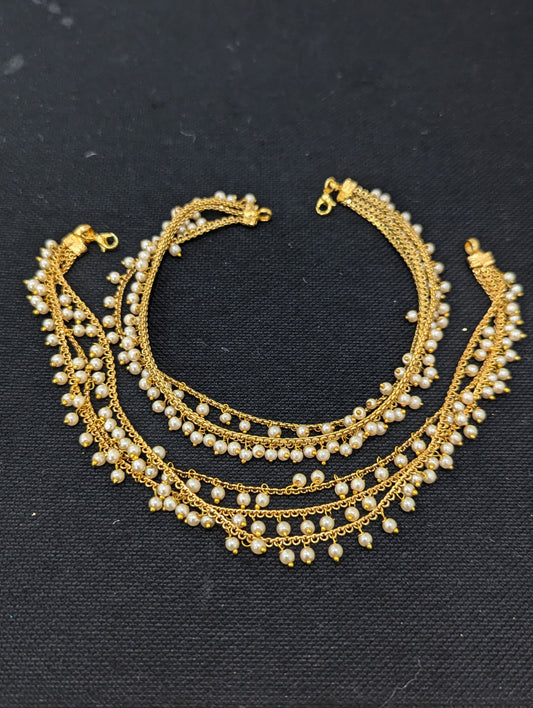 Triple layer Pearl Gold plated Anklets