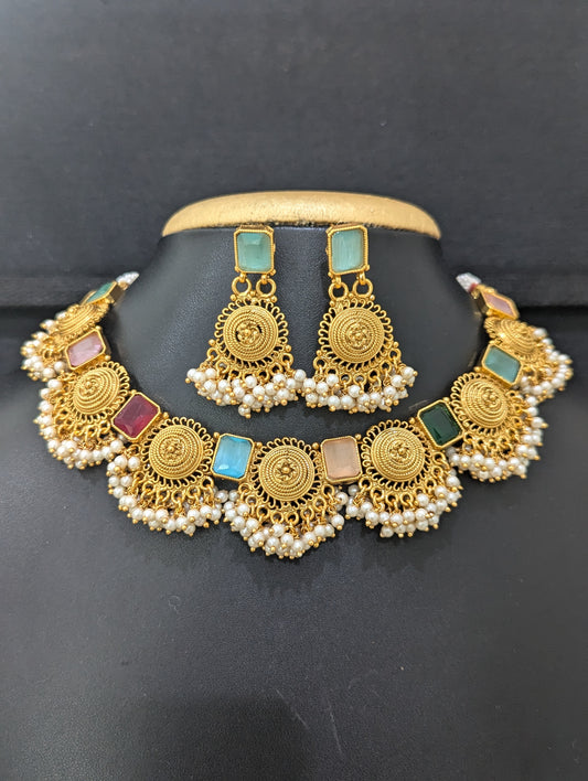 Multi color Polki Guttapusalu Choker Necklace and Earrings set