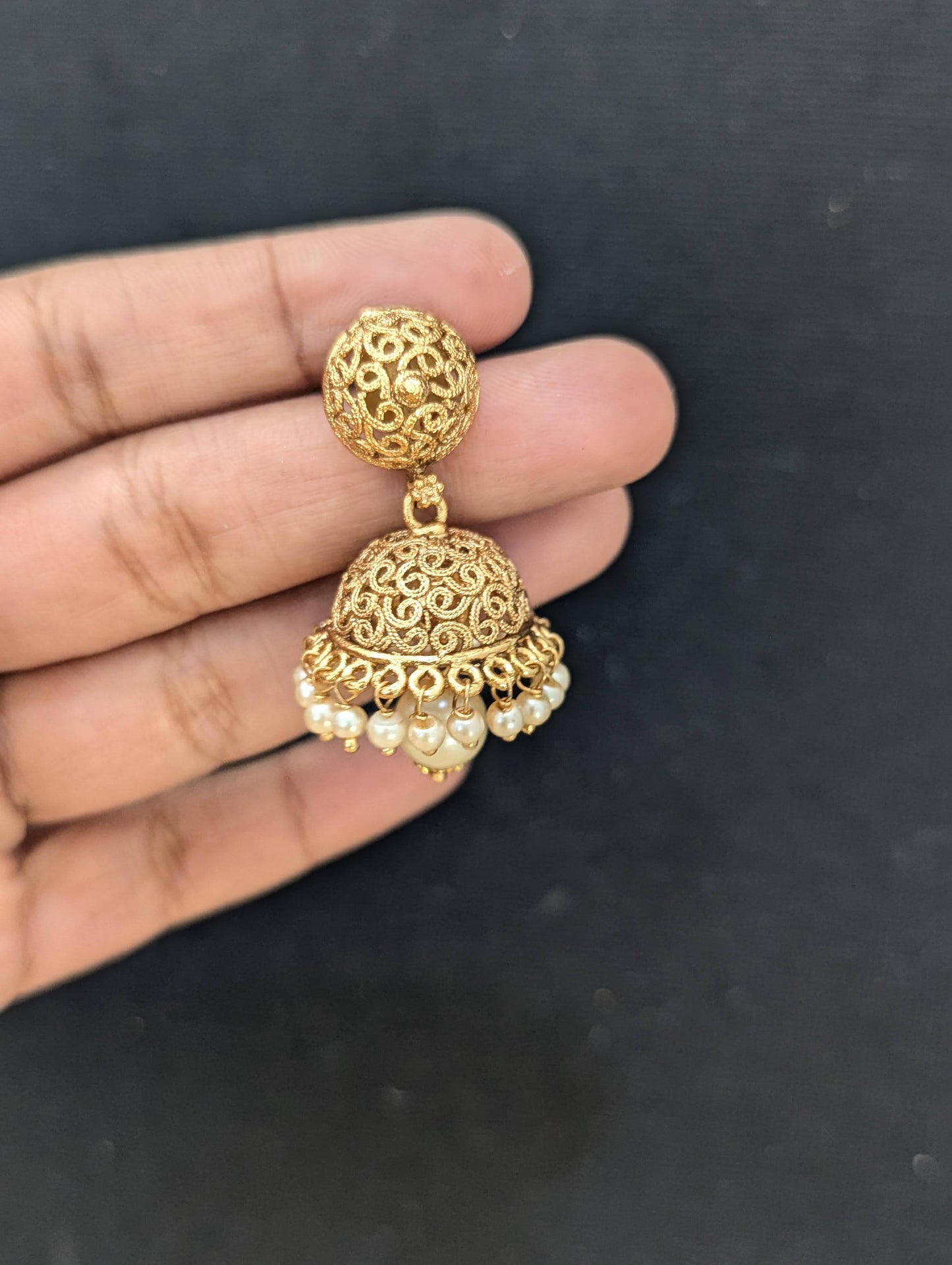 Pearl bead dangle Filigree Jhumka Earrings