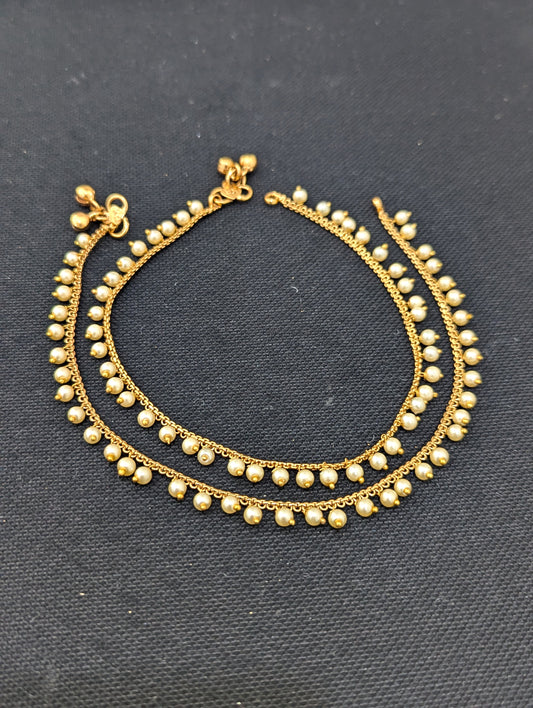 Gold plated pearl bead dangle Anklets - D1