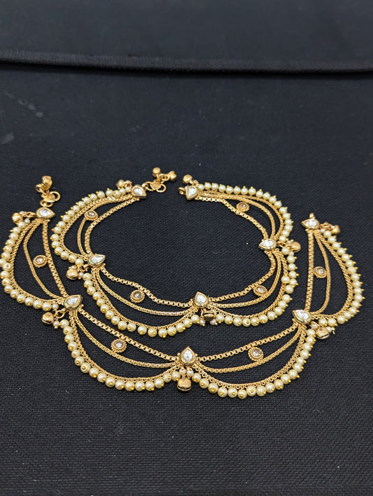 Gold plated 3 layer Kundan Polki Bridal Anklets