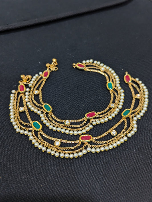 Gold plated 3 layer Kundan Bridal Anklets