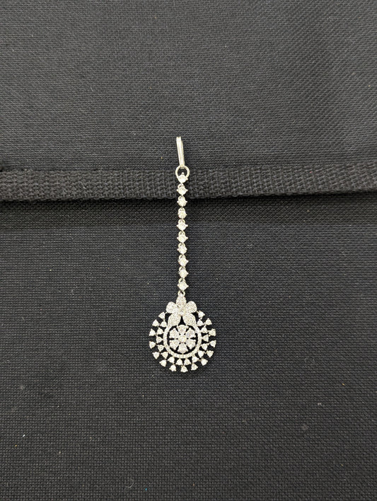 Chandbali design White gold plated CZ Maang Tikka