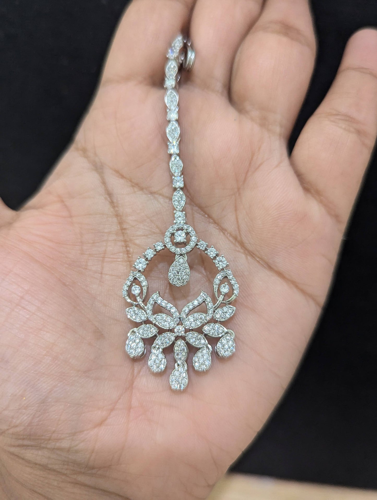 Leafy Chandbali design White gold plated CZ Maang Tikka