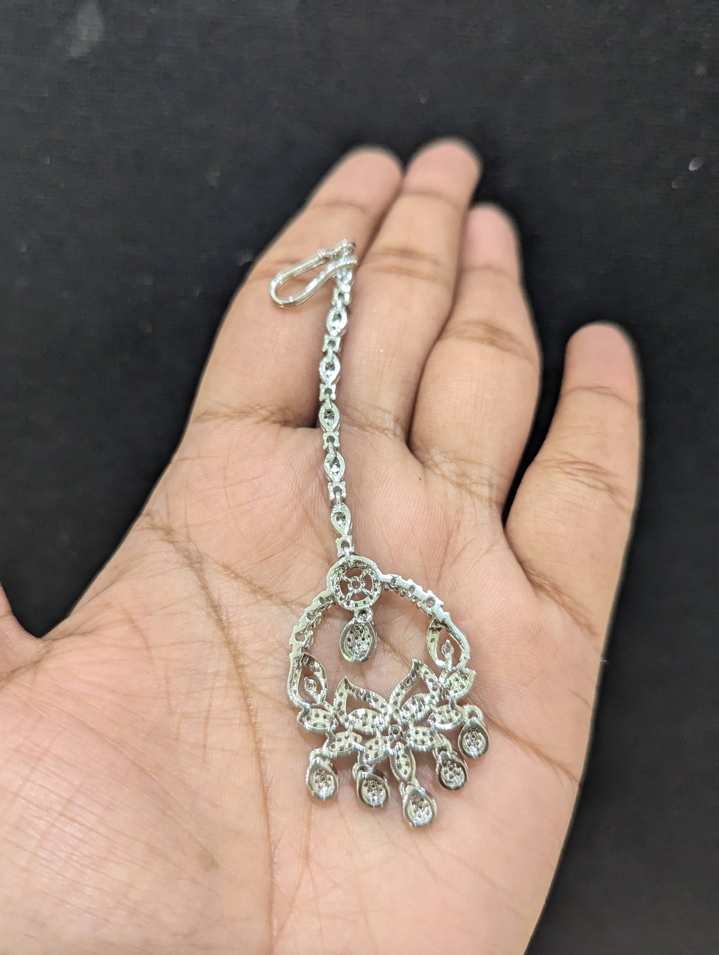 Leafy Chandbali design White gold plated CZ Maang Tikka