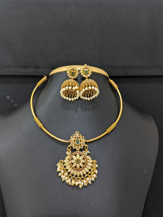 Hasli Antique Guttapusalu Choker Jhumka Set