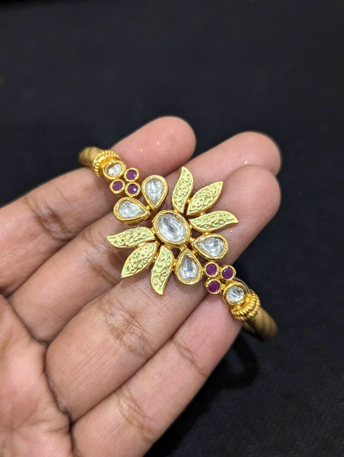 Openable Angle Lotus Flower center uncut kundan stone openable bangle bracelet ...