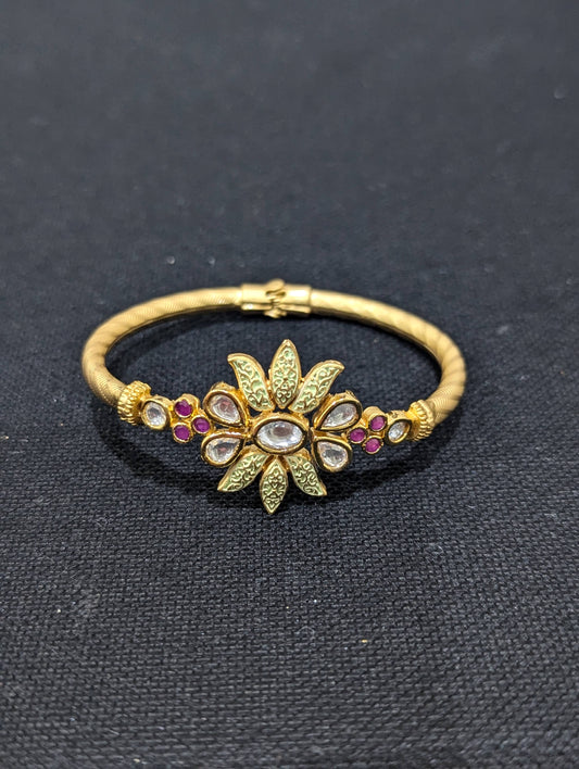 Lotus Flower center uncut kundan stone openable bangle bracelet