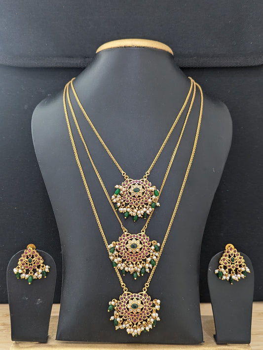 Triple layer Kemp Step chain Necklace and Earrings set