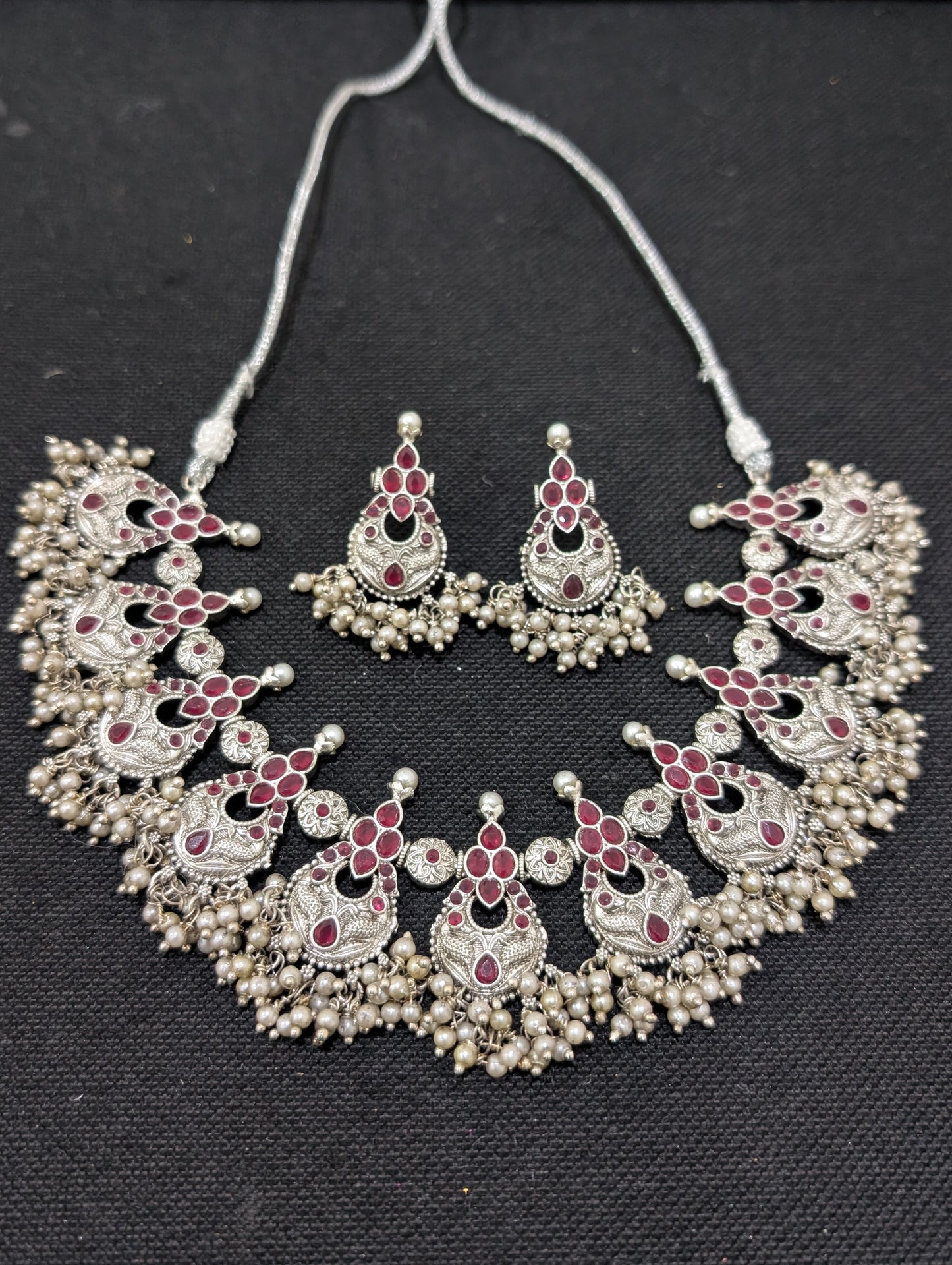 Antique Silver Guttapusalu CZ Choker necklace and Earrings set