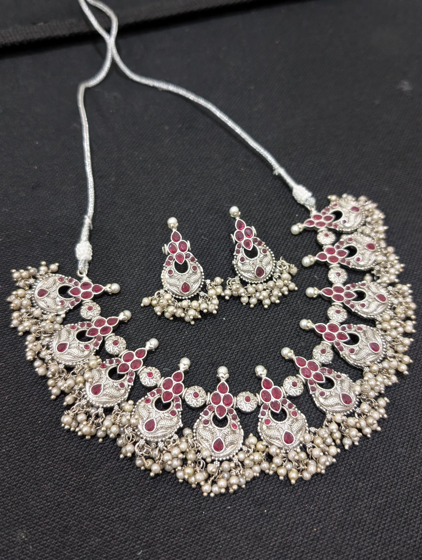 Antique Silver Guttapusalu CZ Choker necklace and Earrings set