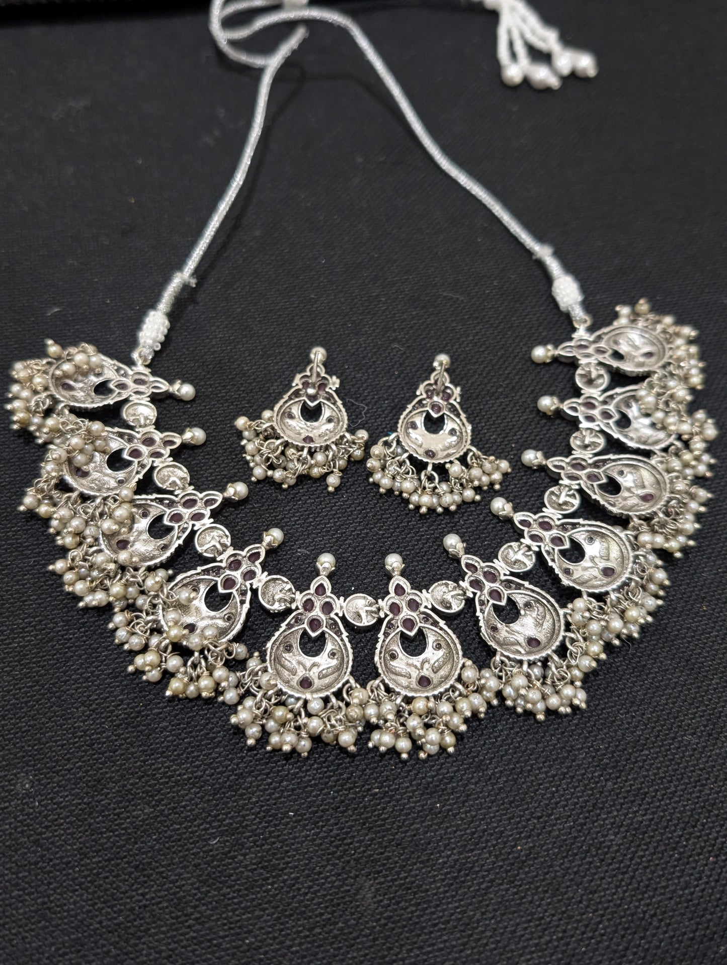 Antique Silver Guttapusalu CZ Choker necklace and Earrings set