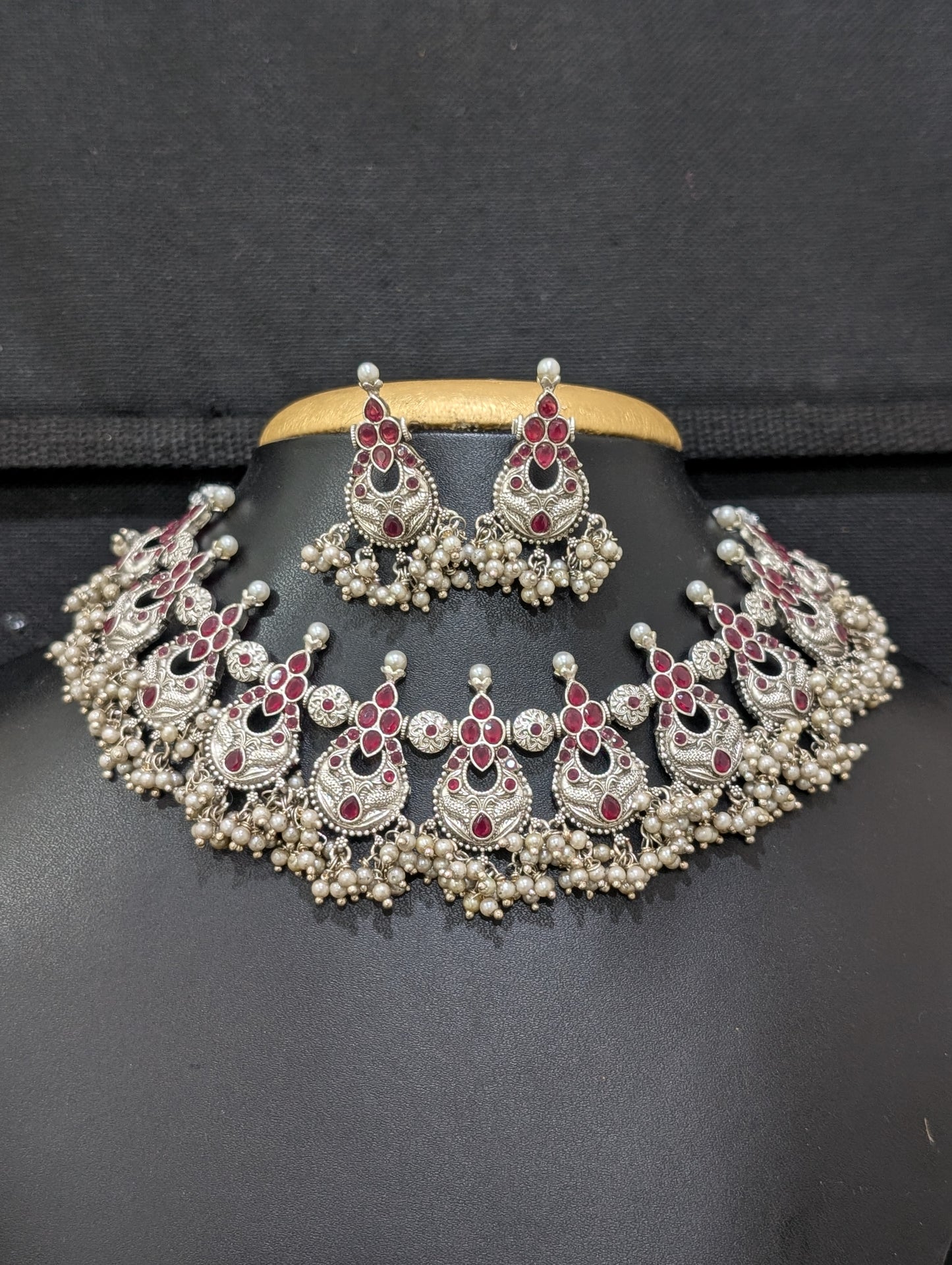 Antique Silver Guttapusalu CZ Choker necklace and Earrings set