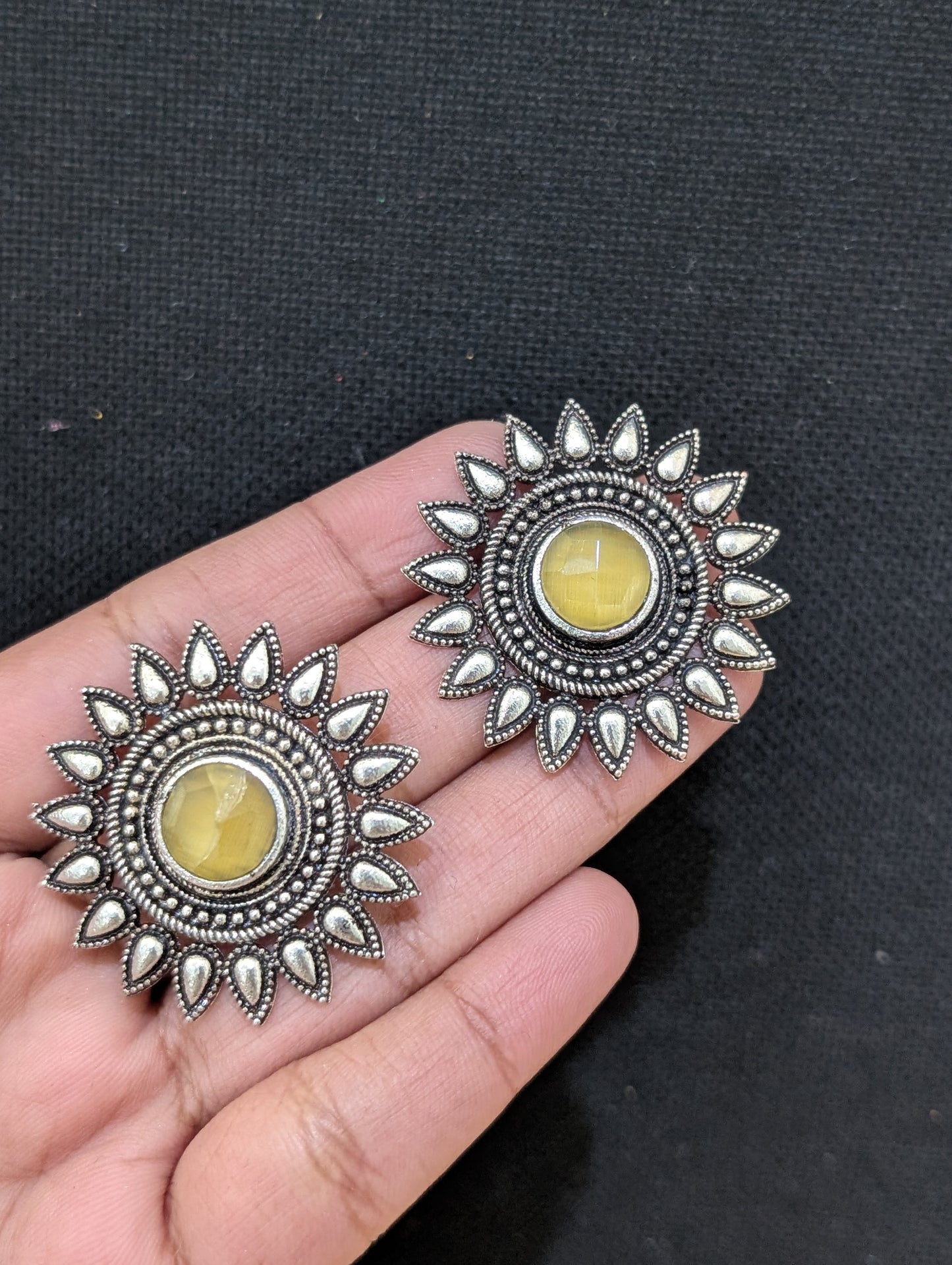 Oxidized Silver Sunflower design Studs