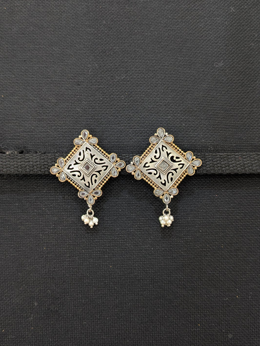 Diamond shape Dual tone german silver large stud earring - Simpliful