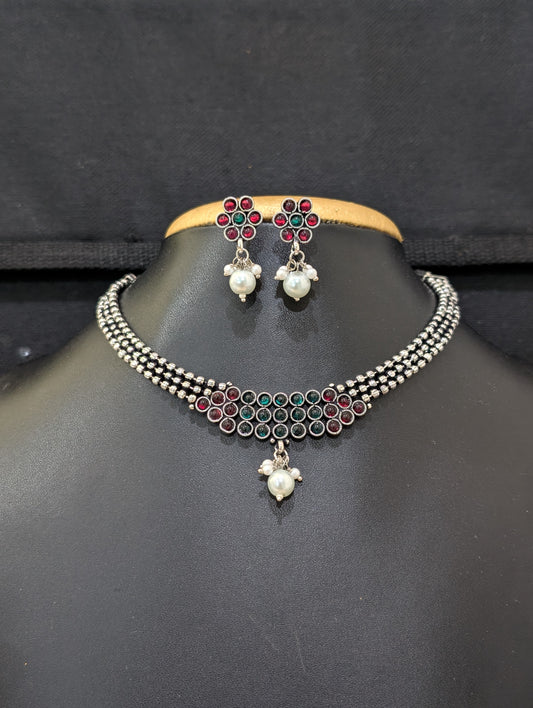 Oxidized silver Dori thread Choker Necklace set - Design 1