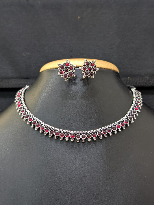 Oxidized silver Dori thread Choker Necklace set - Design 2