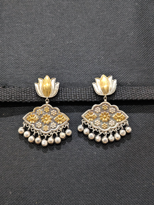 Dual tone oxidized silver Lotus Chandbali earrings