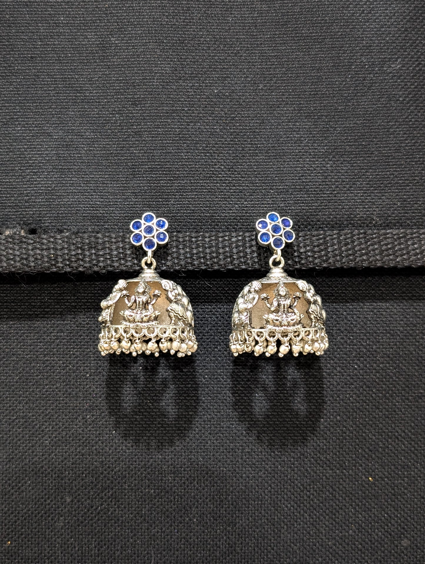Goddess Lakshmi Kemp Silver Jhumka earrings