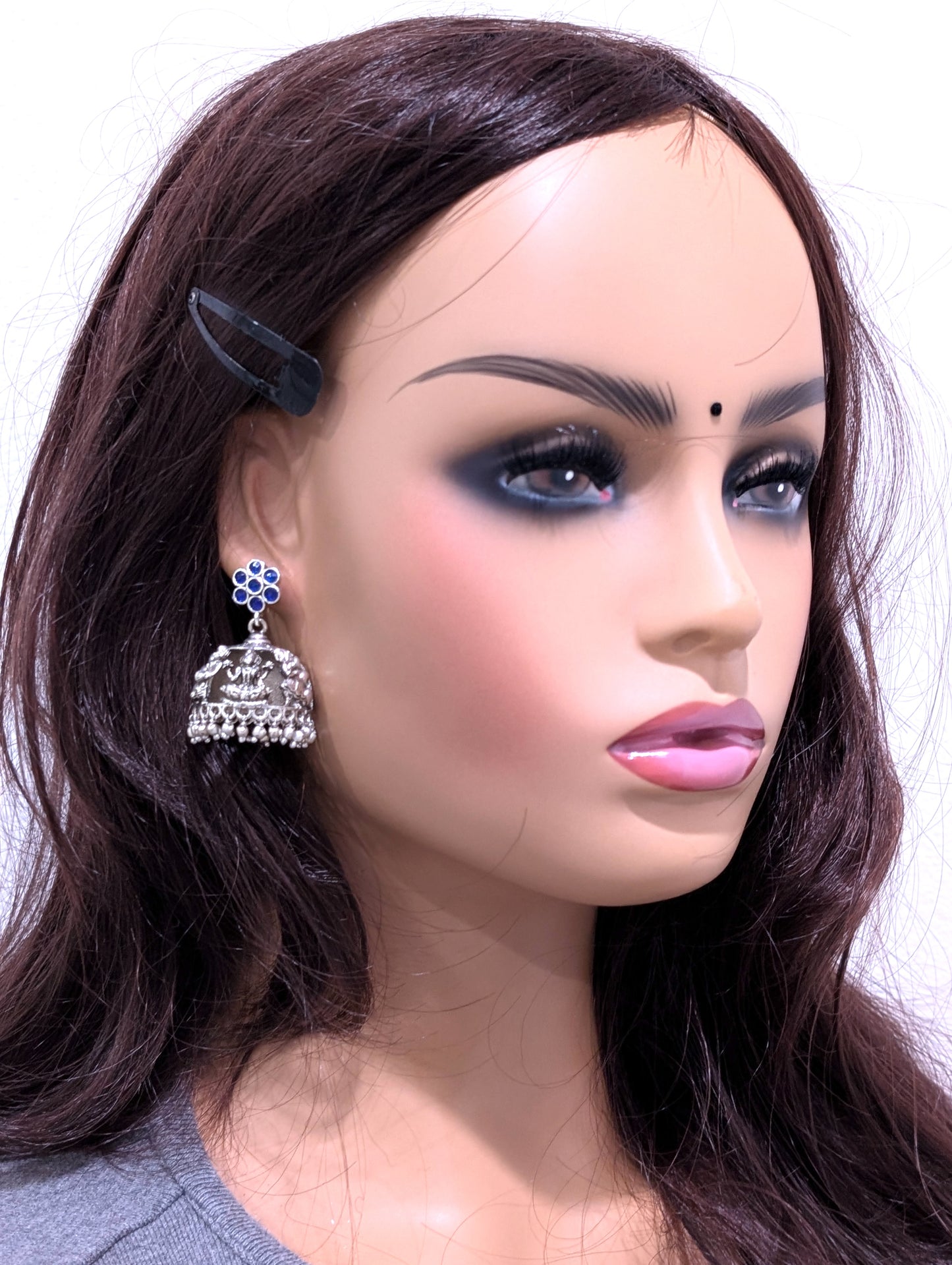 Goddess Lakshmi Kemp Silver Jhumka earrings