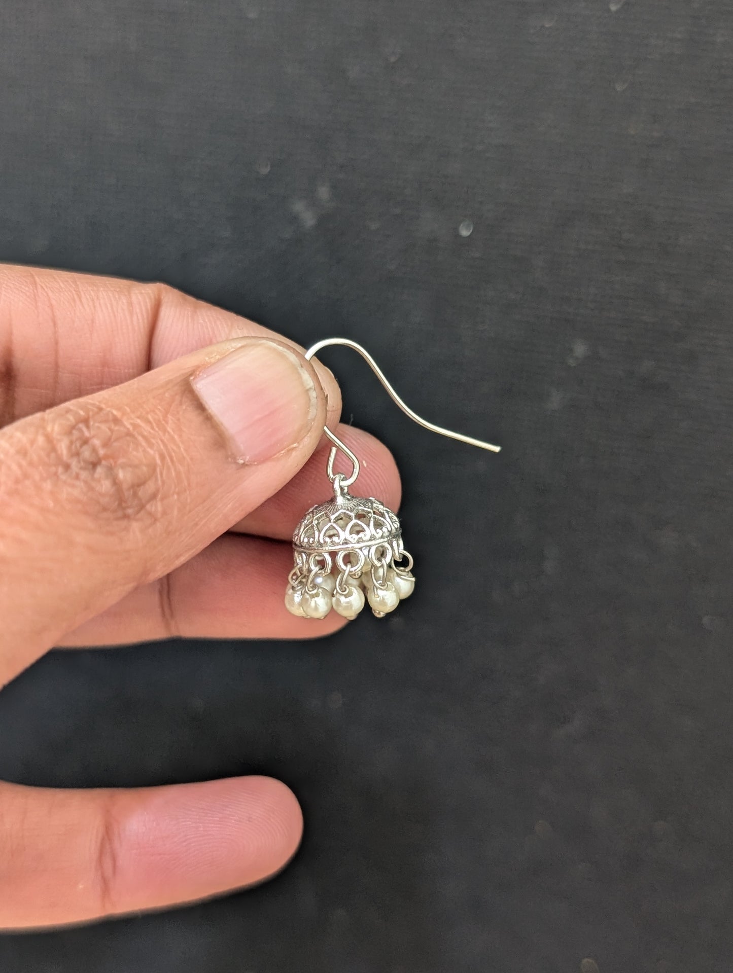 Mini hook drop Silver Jhumka earrings