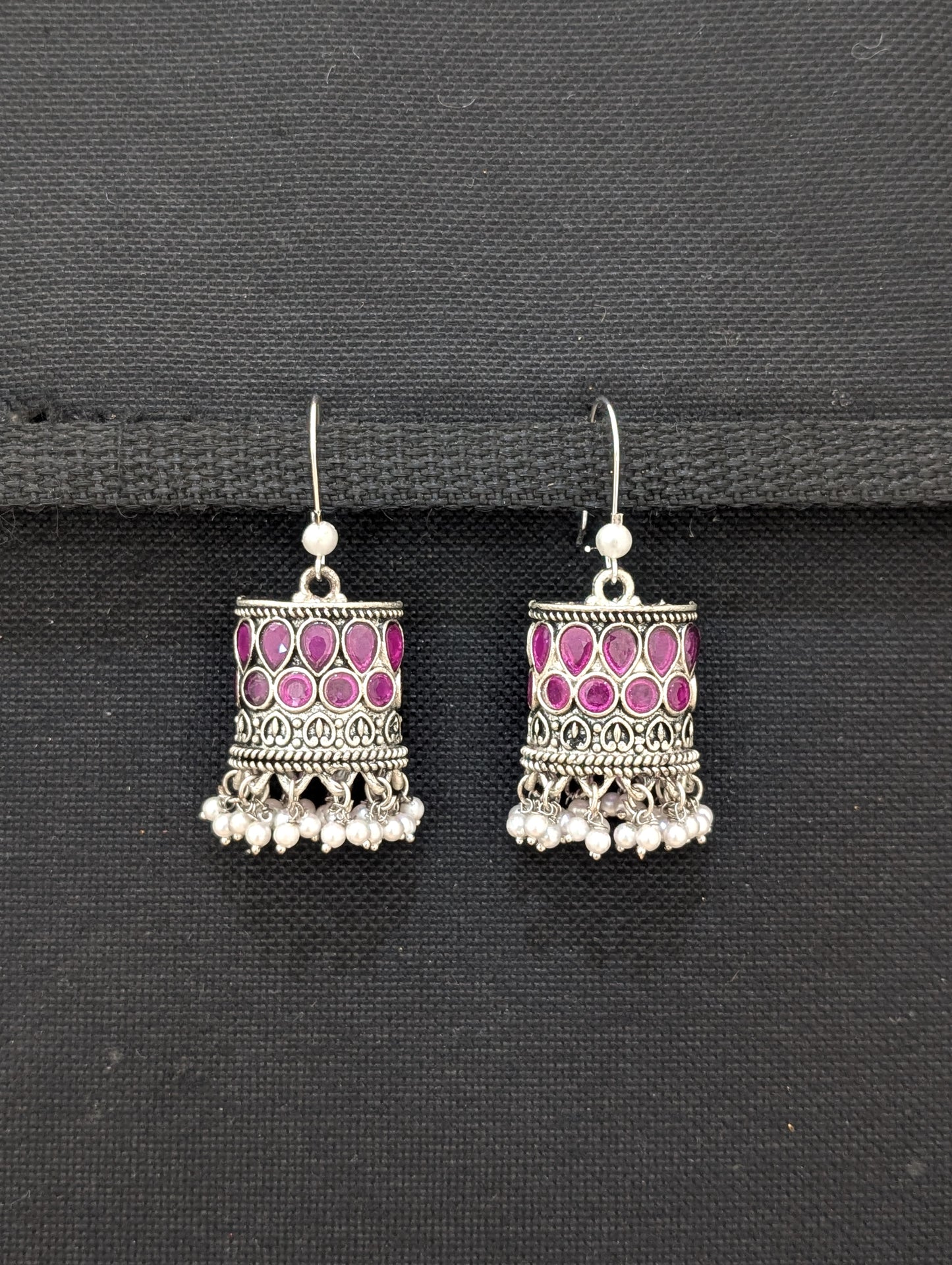 Pink CZ Silver Hoop Jhumka earrings