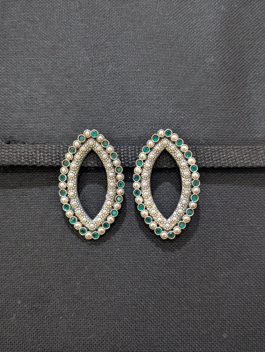 Large sharp Oval Oxidized silver Stud Earrings