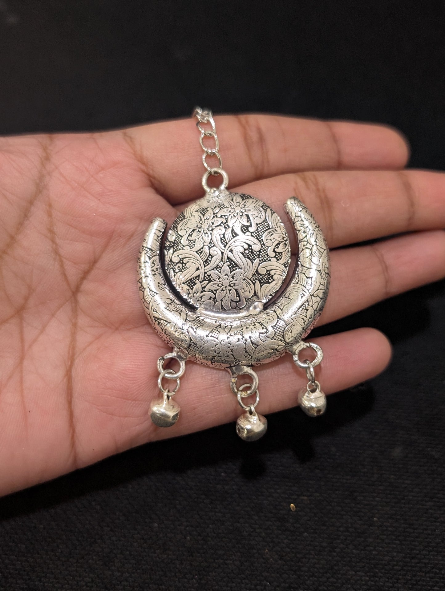 Oxidized Silver Crescent design Large Maang Tikka