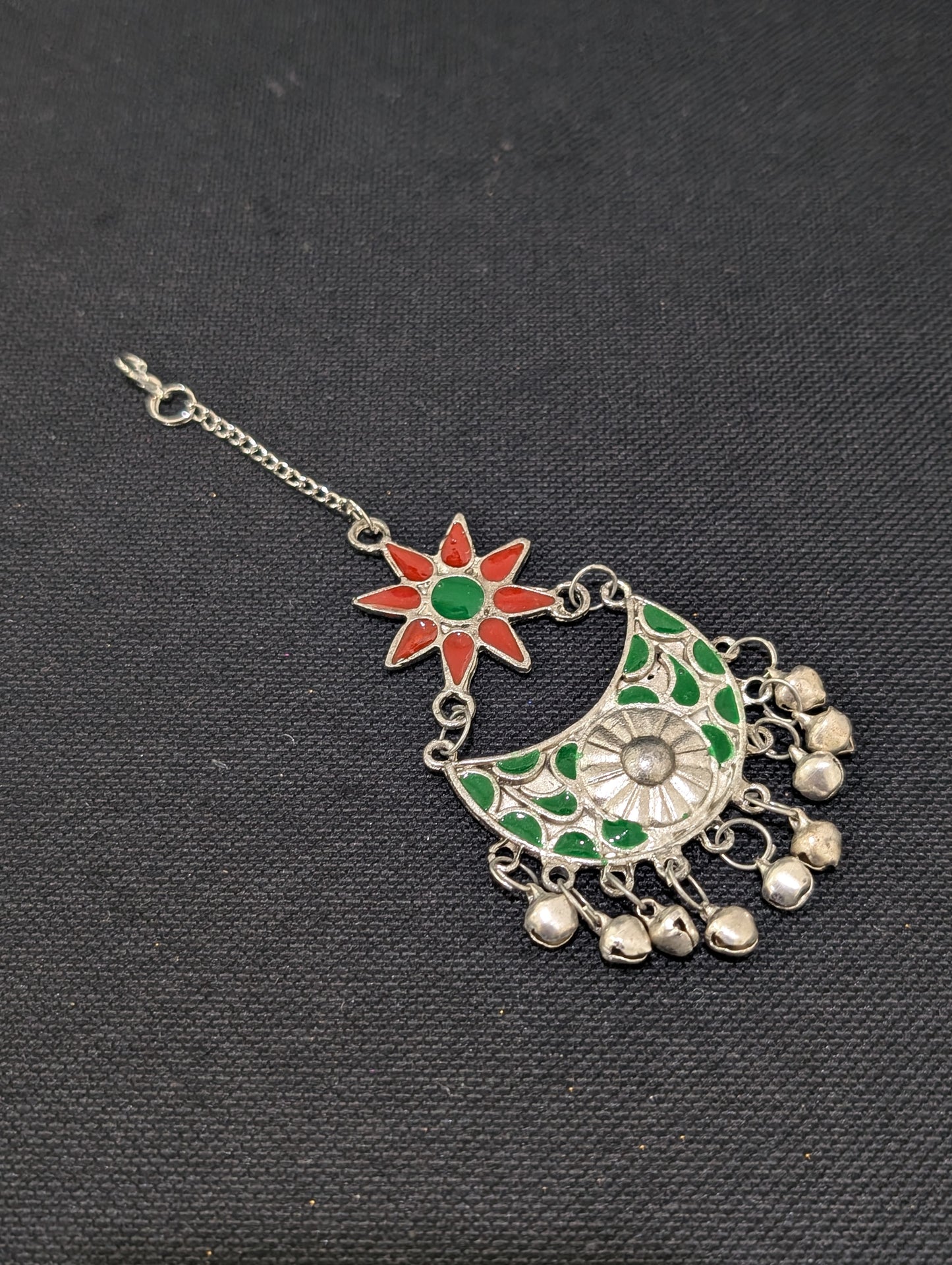 Oxidized Silver Red Green Enamel Large Maang Tikka