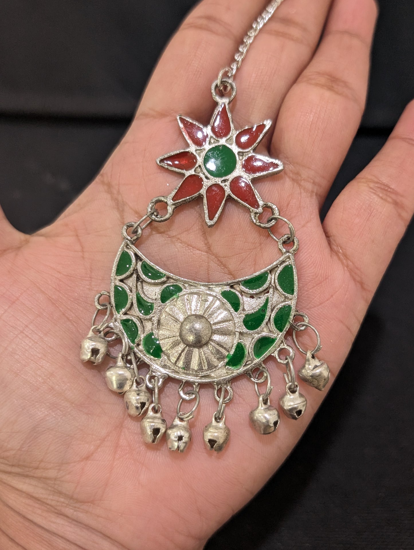 Oxidized Silver Red Green Enamel Large Maang Tikka