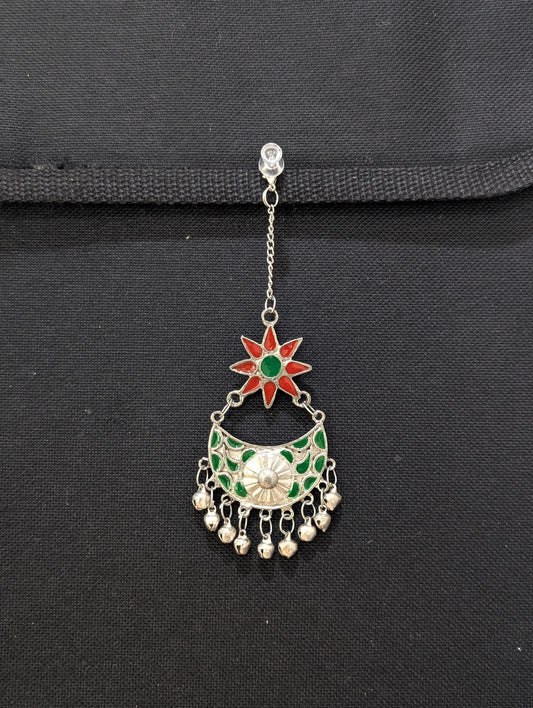 Oxidized Silver Red Green Enamel Large Maang Tikka