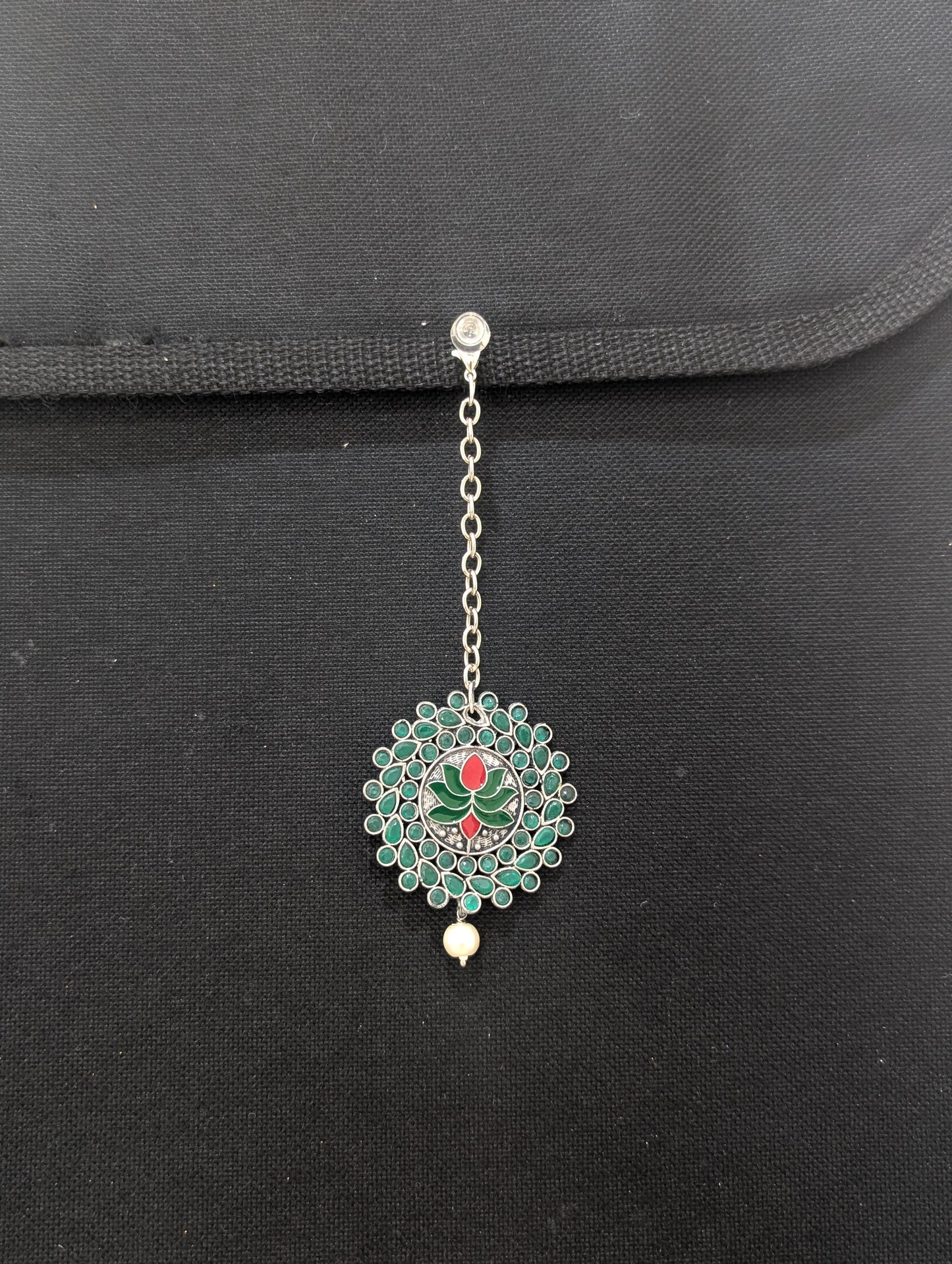 Oxidized silver Polki Lotus design Large Maang Tikka