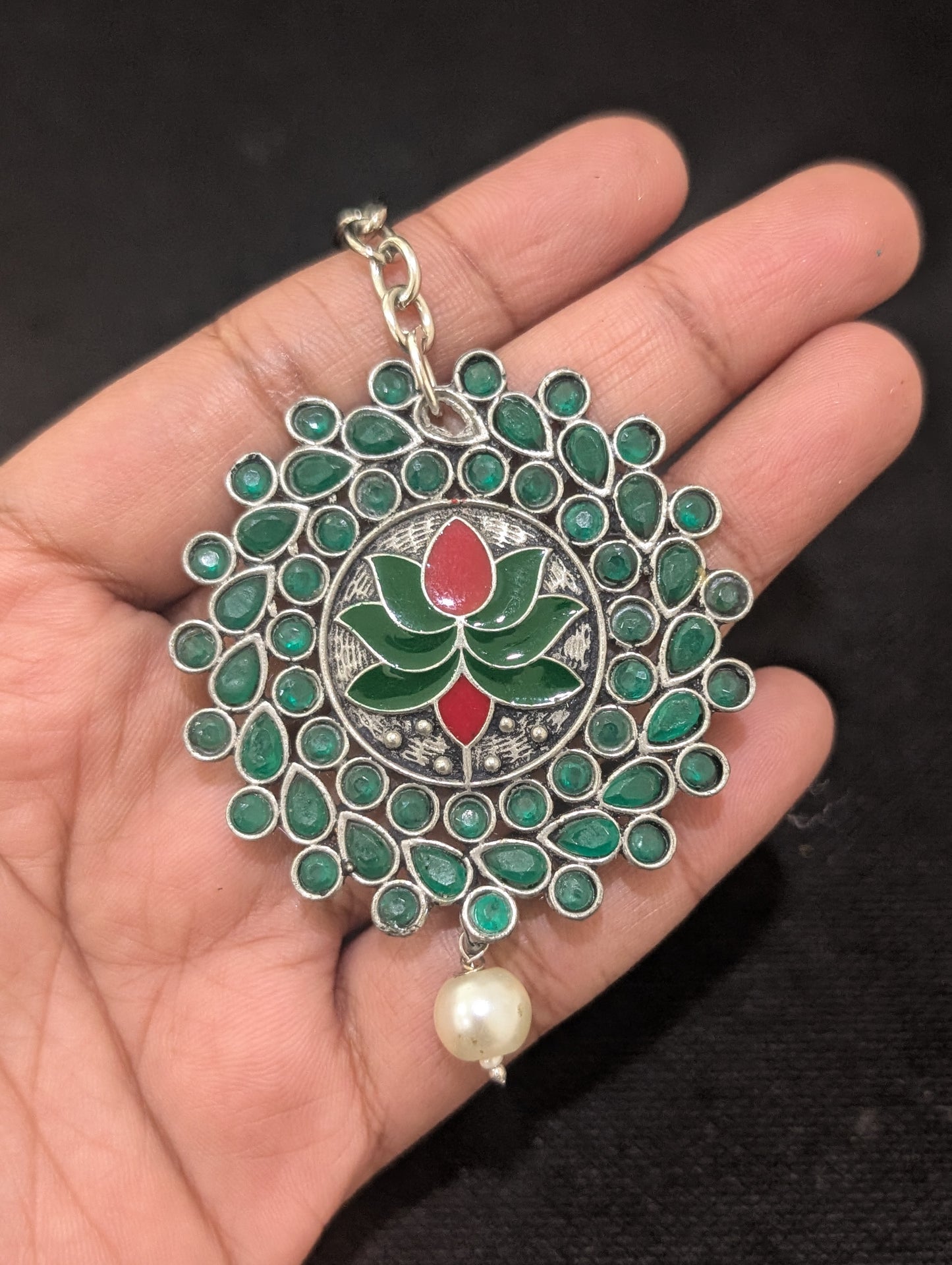 Oxidized silver Polki Lotus design Large Maang Tikka