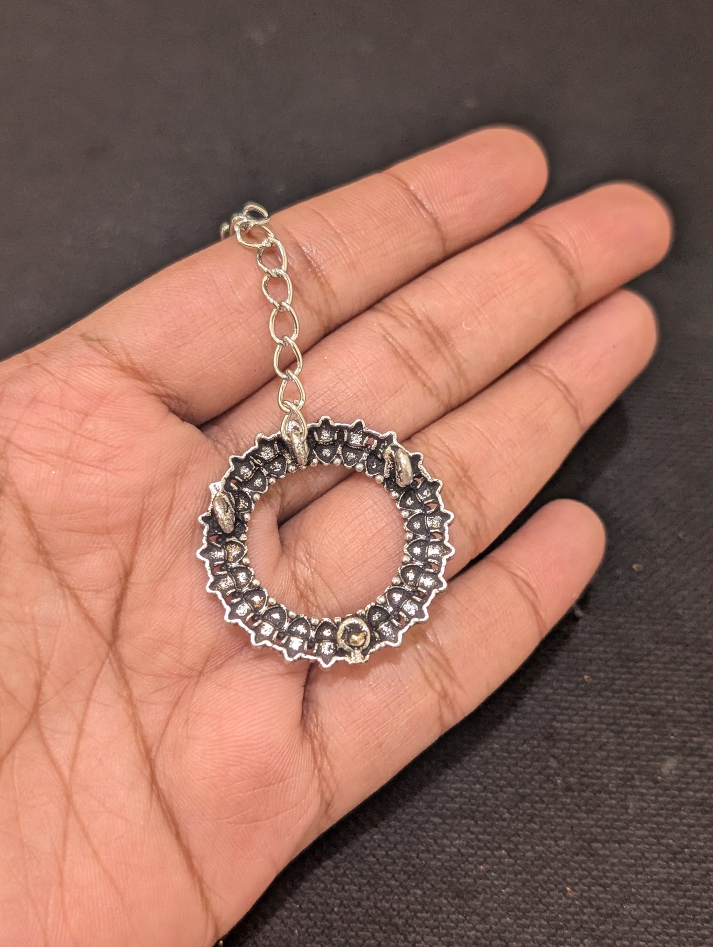 Oxidized Silver Hollow Heart Circle Maang Tikka